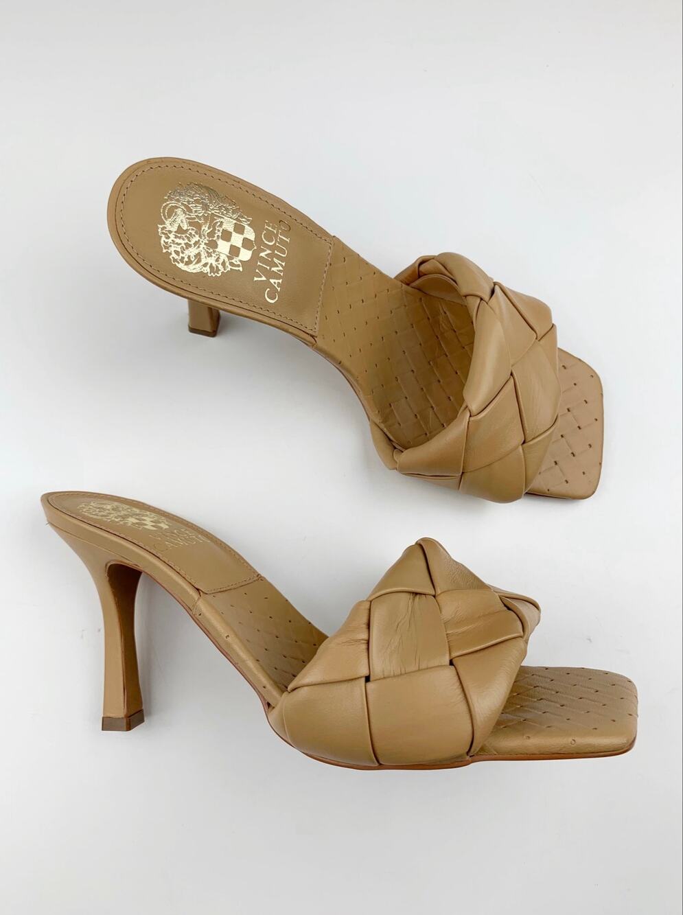 Vince Camuto Brelanie Woven Mules Tan Leather Slip On Heels Sandals Women's 6.5